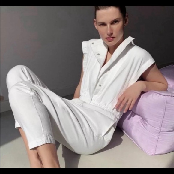 Zara denim jumpsuit white small boiler suit gas station painter utility baggy - Picture 2 of 11